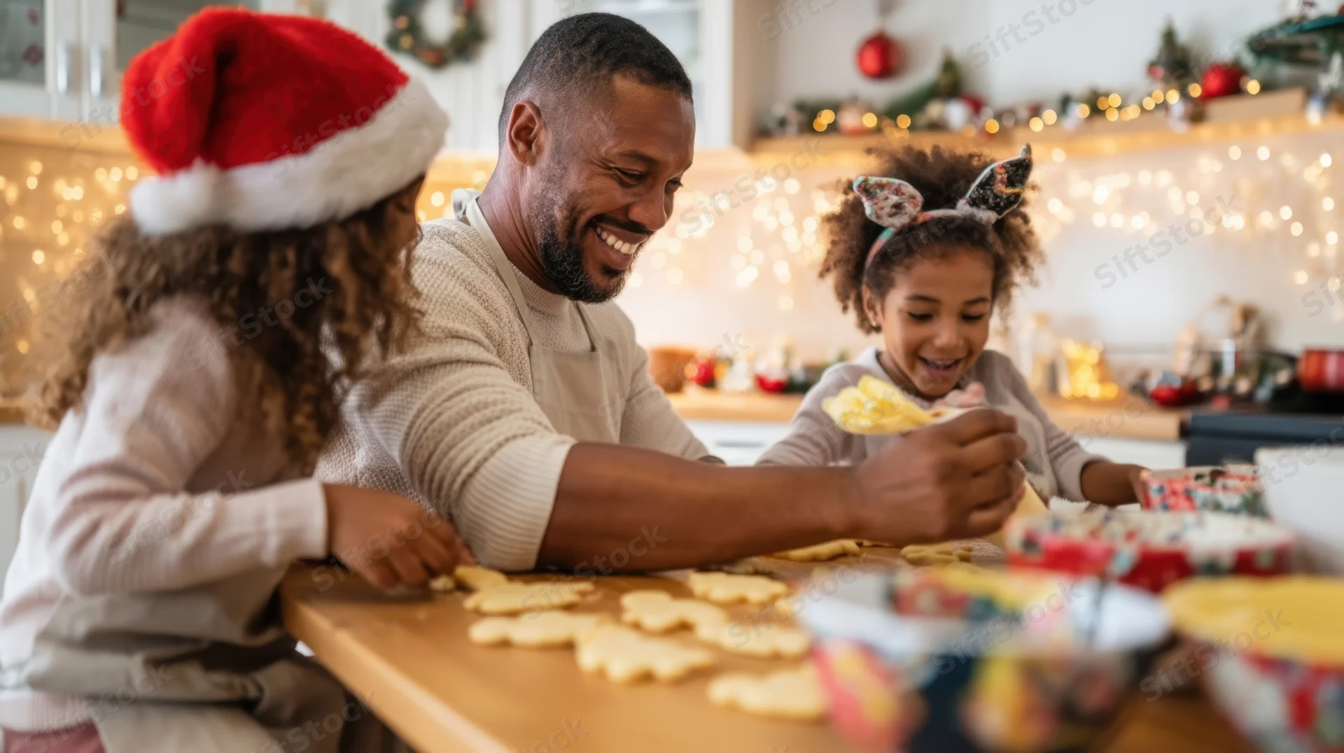Father and two daughters baking christmas cookies together in kitchen