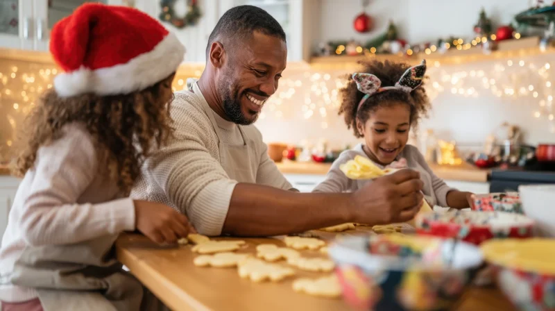 Father and two daughters baking christmas cookies together in kitchen