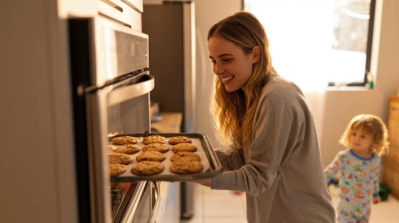 Woman smiling as she pulls a tray of cookies from the oven in a warm kitchen with a child nearby