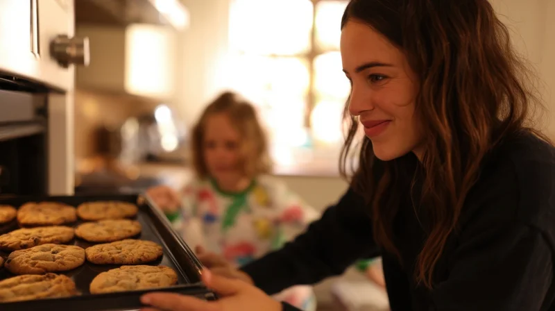 Woman removing tray of baked cookies from oven in kitchen with child in background