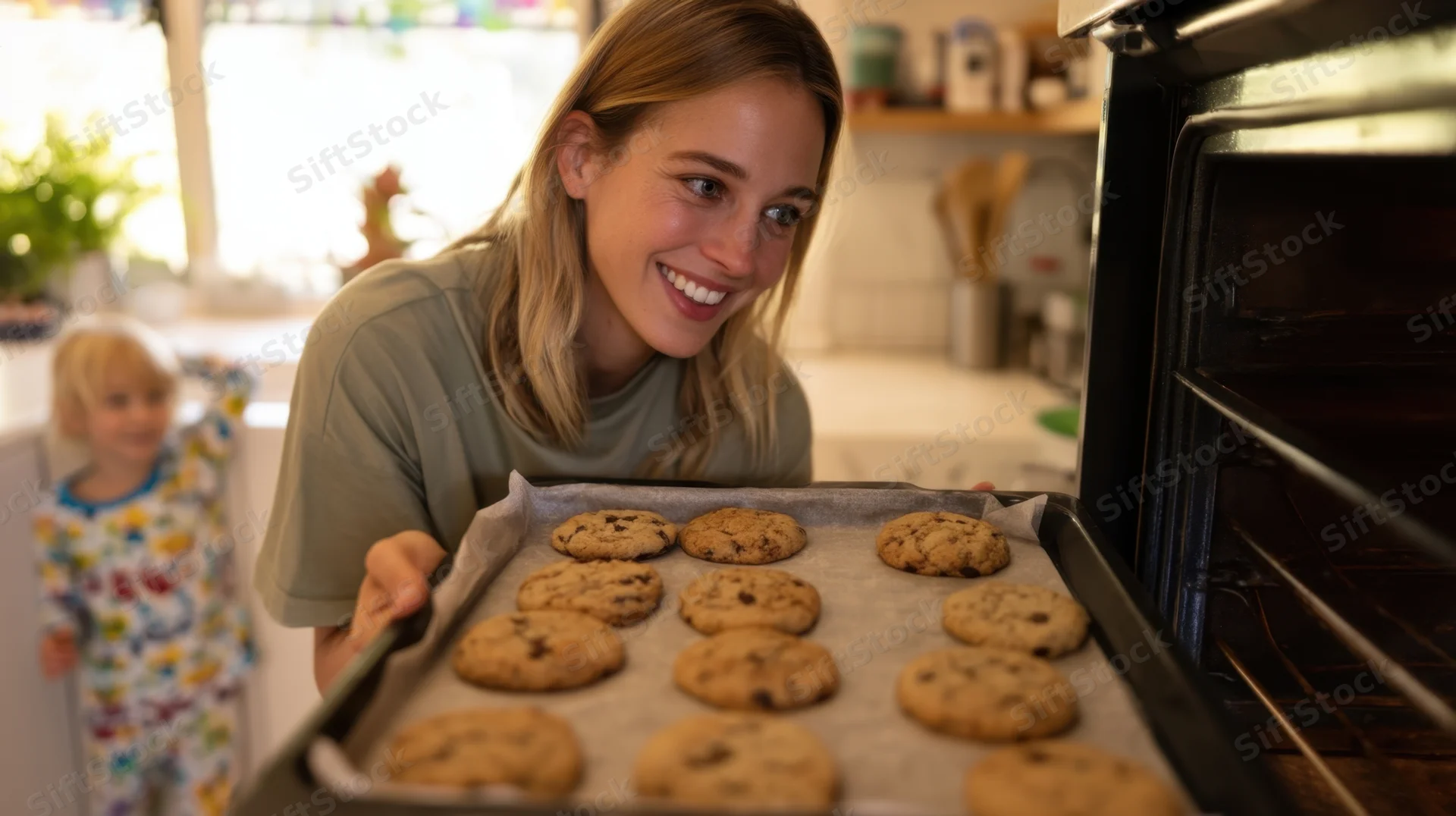 Woman smiling while pulling tray of chocolate chip cookies from oven in kitchen with child in background