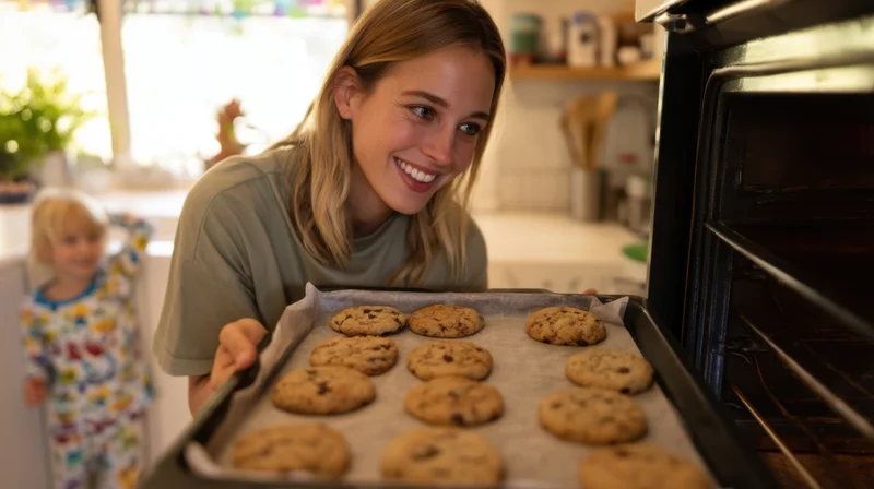 Woman smiling while pulling tray of chocolate chip cookies from oven in kitchen with child in background