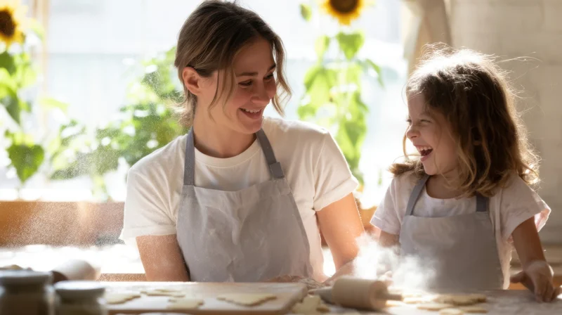 Mother and daughter baking cookies together in a sunlit kitchen