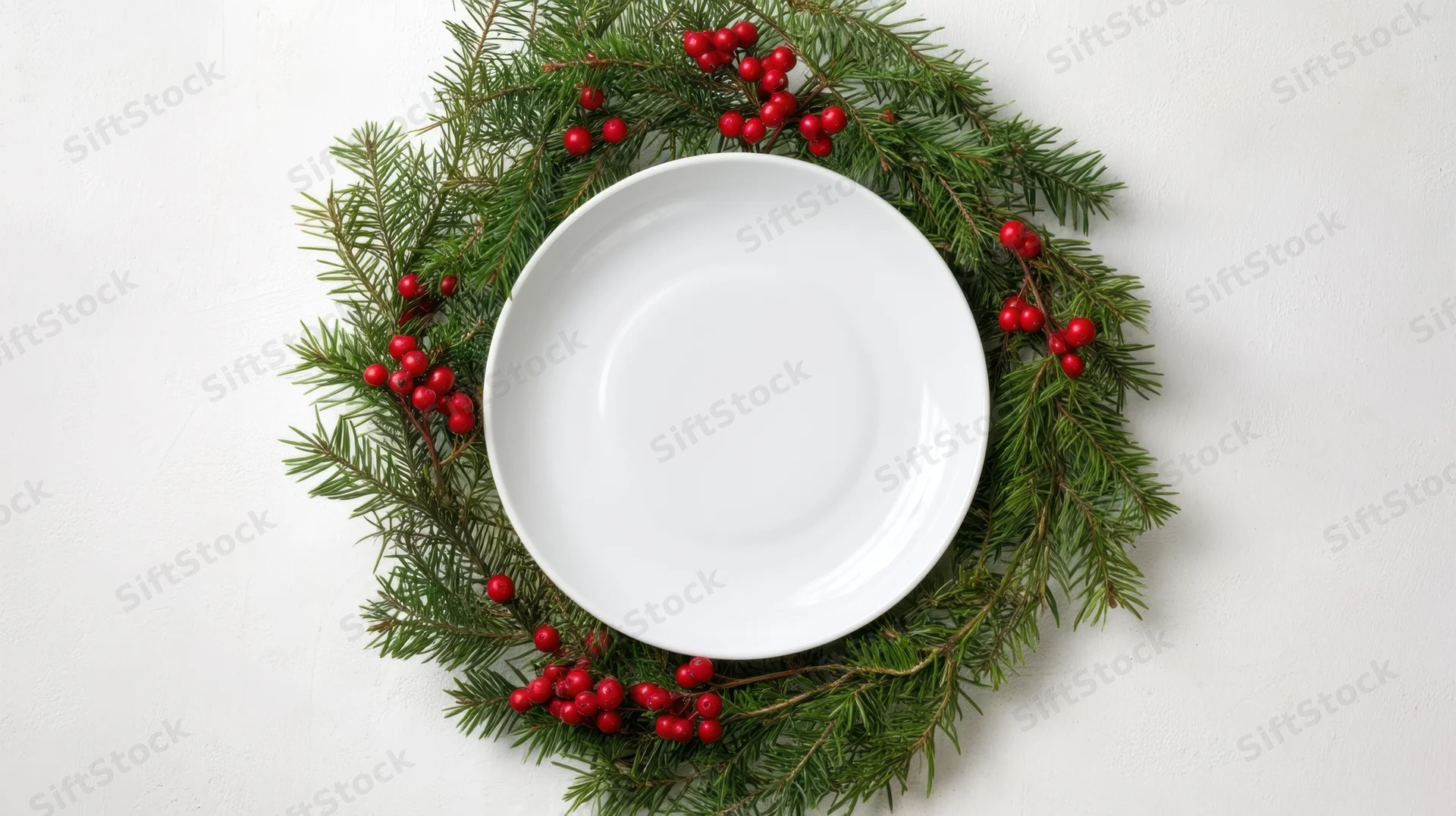 White ceramic plate centered in a circular evergreen wreath with red berries on a white surface
