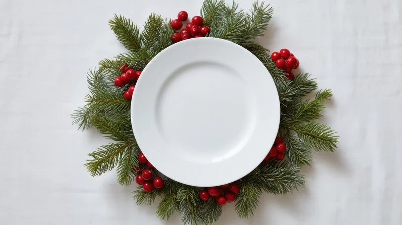 White ceramic plate centered on a circular arrangement of pine branches and red berries on a white tablecloth