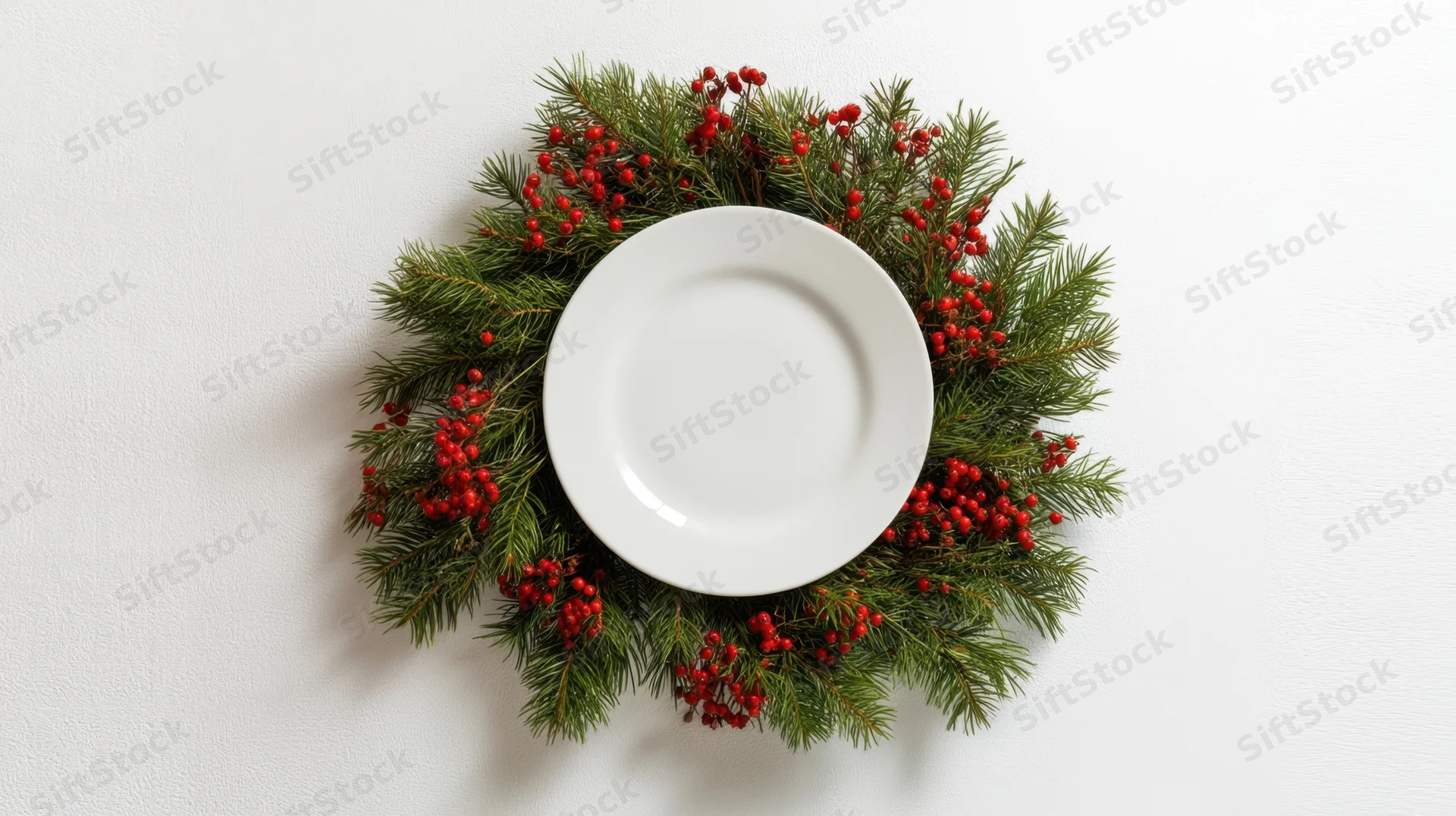 White ceramic plate centered on a circular evergreen wreath with red berries on a white surface