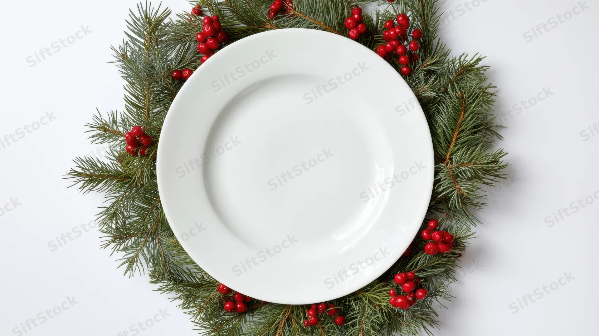 White ceramic plate centered on a circular evergreen wreath with red berries on a white surface