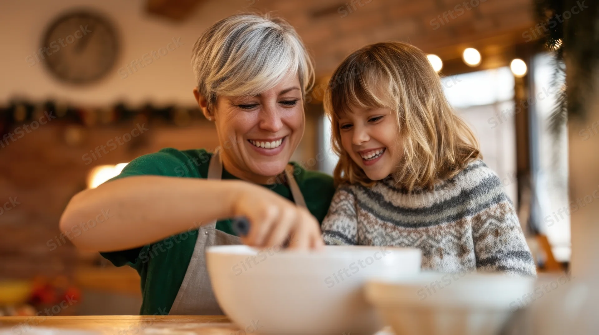 Woman and child smiling while baking together in a cozy kitchen
