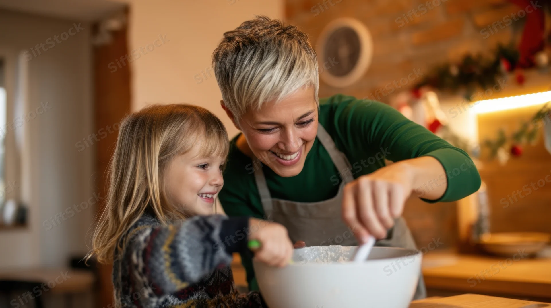 Woman and child smiling while baking together in a cozy kitchen decorated for christmas
