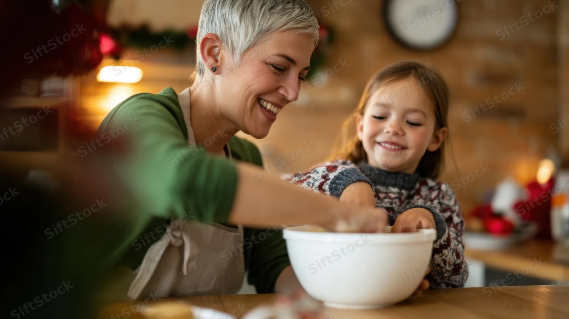 Woman and child smiling while baking together in a cozy kitchen