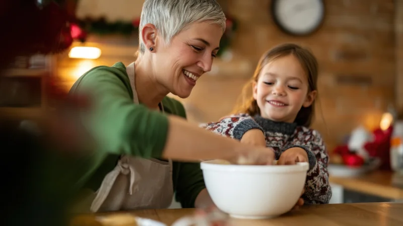 Woman and child smiling while baking together in a cozy kitchen