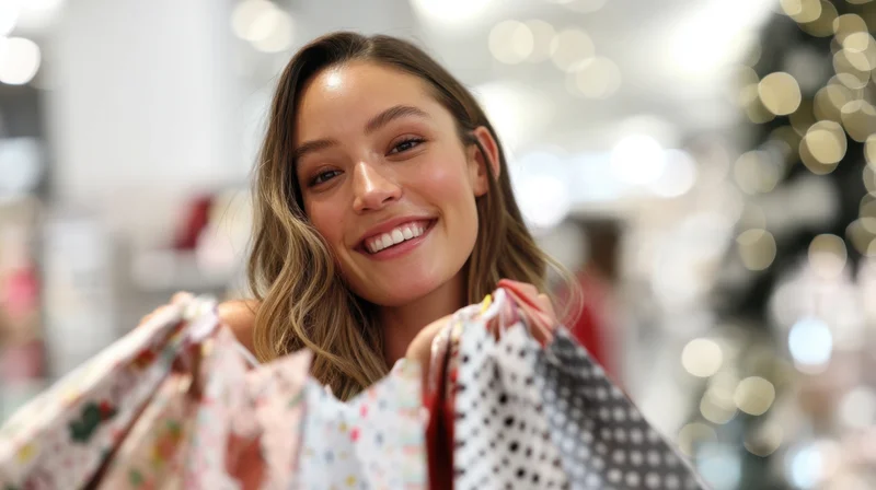Woman smiling while holding multiple patterned shopping bags in a festive store interior
