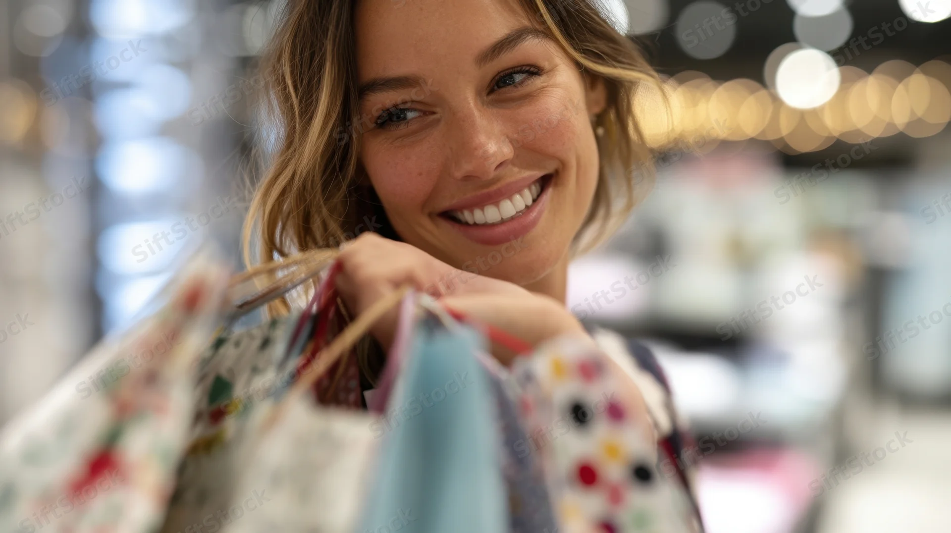 Woman smiling while holding multiple shopping bags in a store
