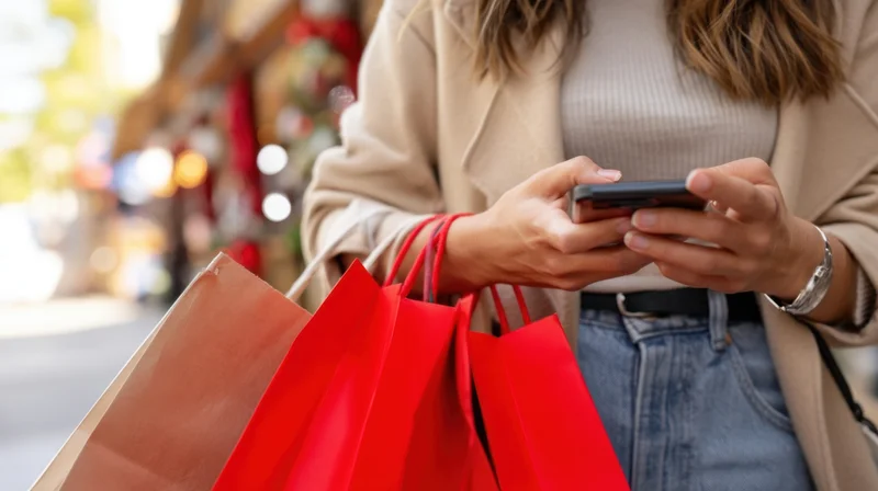 Woman using smartphone while holding shopping bags on city street