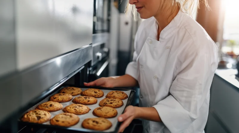 Woman in white chef's coat removing tray of freshly baked chocolate chip cookies from oven in professional kitchen
