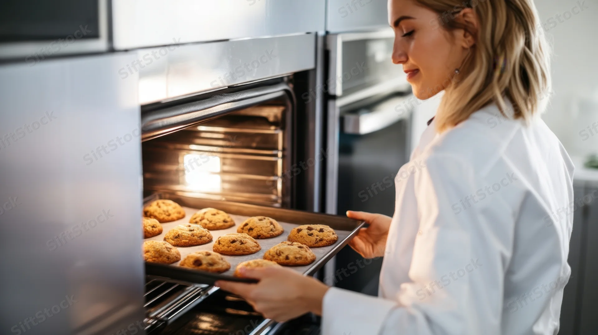 Woman in white chef's coat removing tray of freshly baked chocolate chip cookies from oven