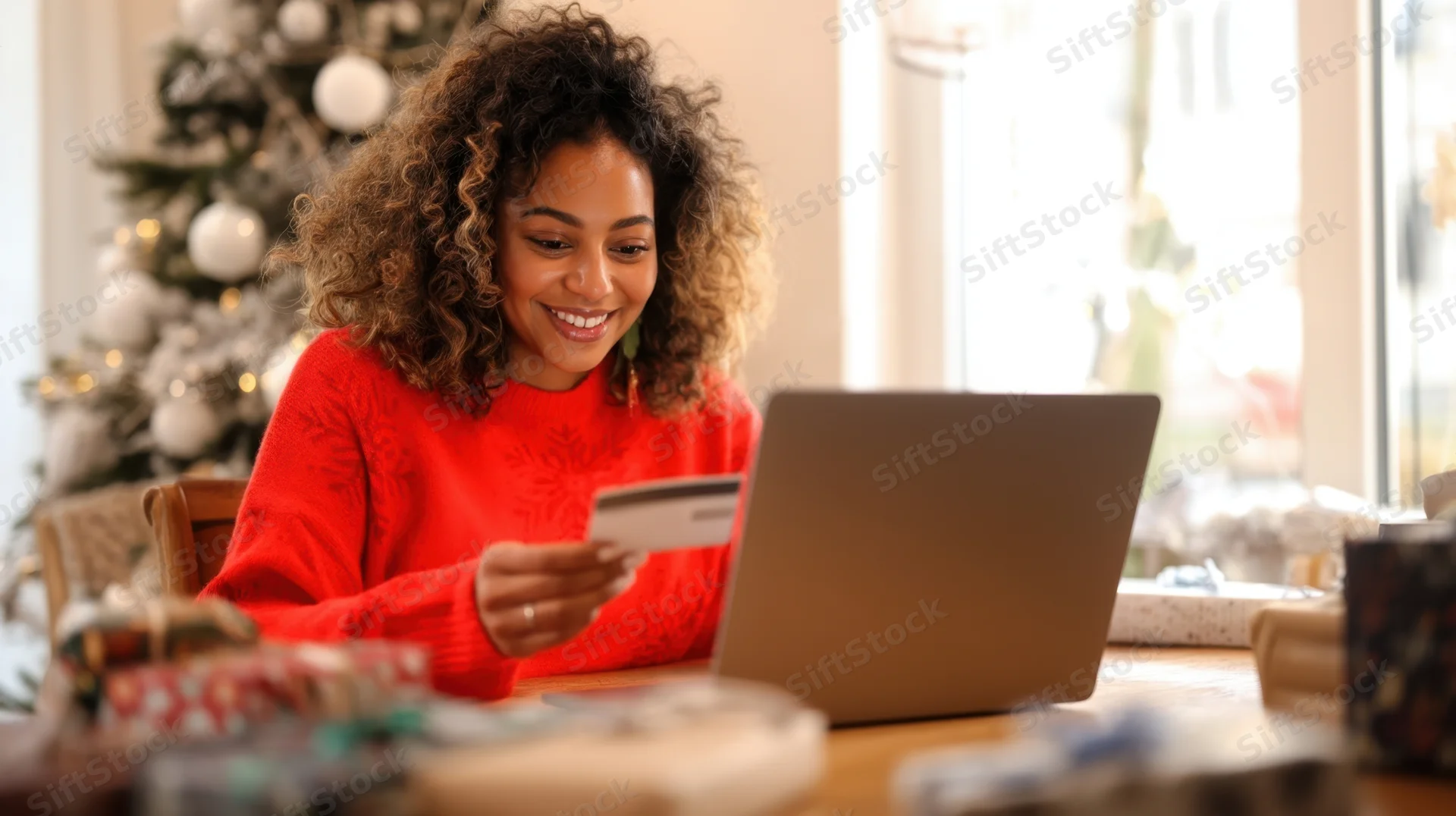 Woman smiling while holding credit card and using laptop at home table near christmas tree