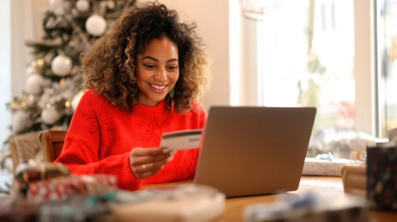 Woman smiling while holding credit card and using laptop at home table near christmas tree