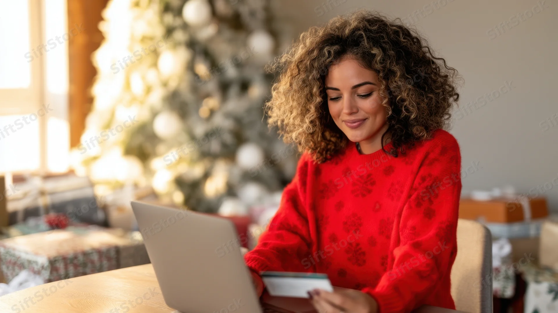 Woman in red christmas sweater using laptop and credit card at home table near decorated tree