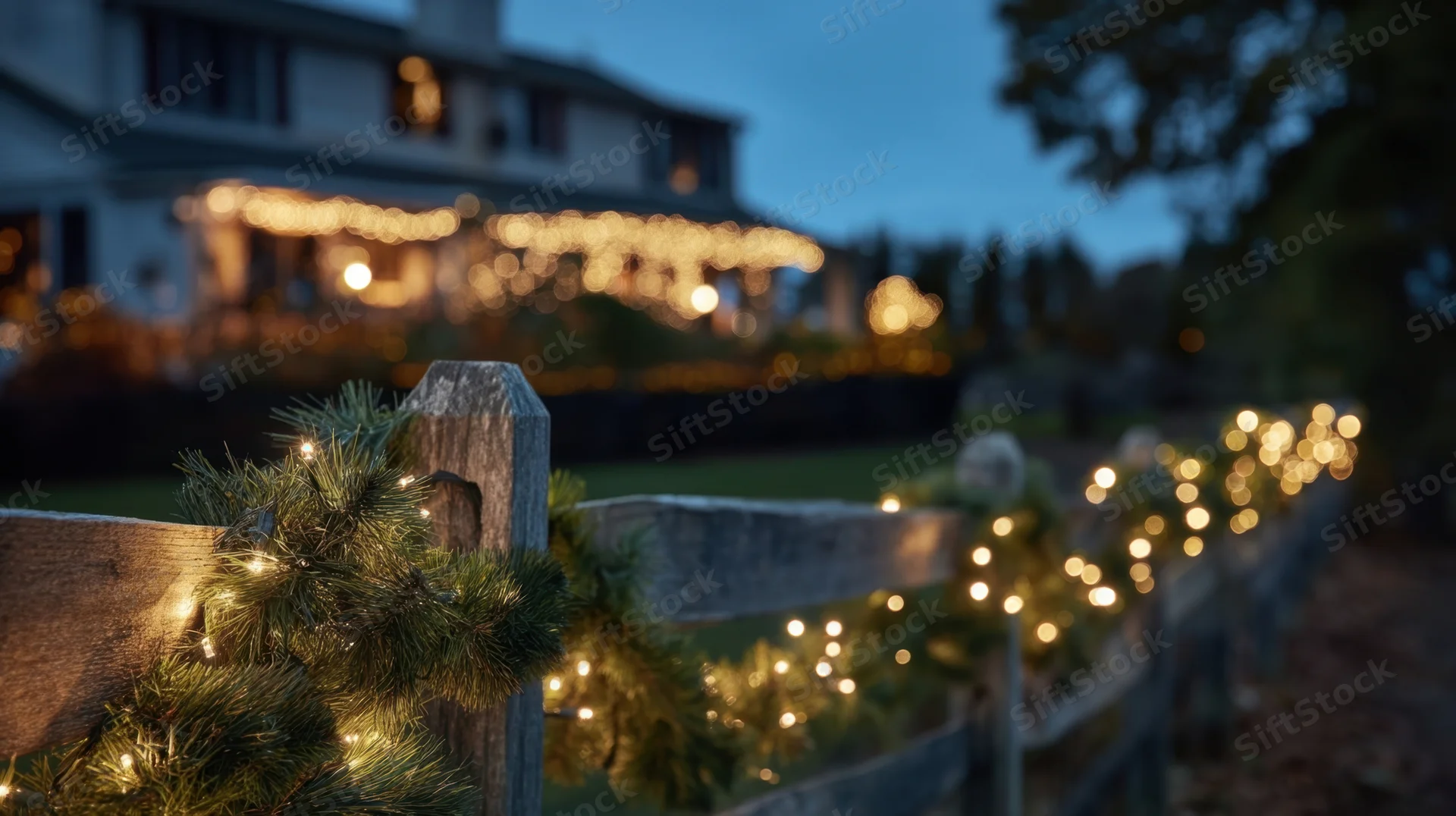 Wooden fence decorated with evergreen garlands and string lights at evening in a residential yard