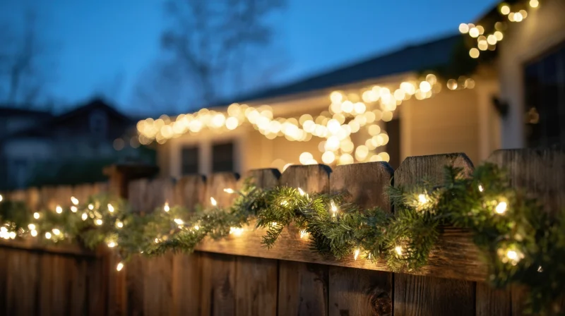 Wooden fence decorated with evergreen garlands and string lights at dusk in front of a house