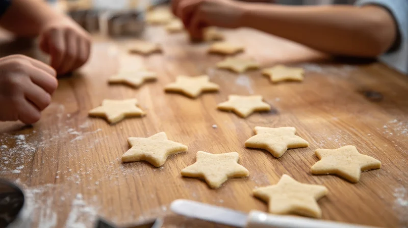 Star-shaped cookies arranged on a wooden kitchen table with children’s hands and baking tools around