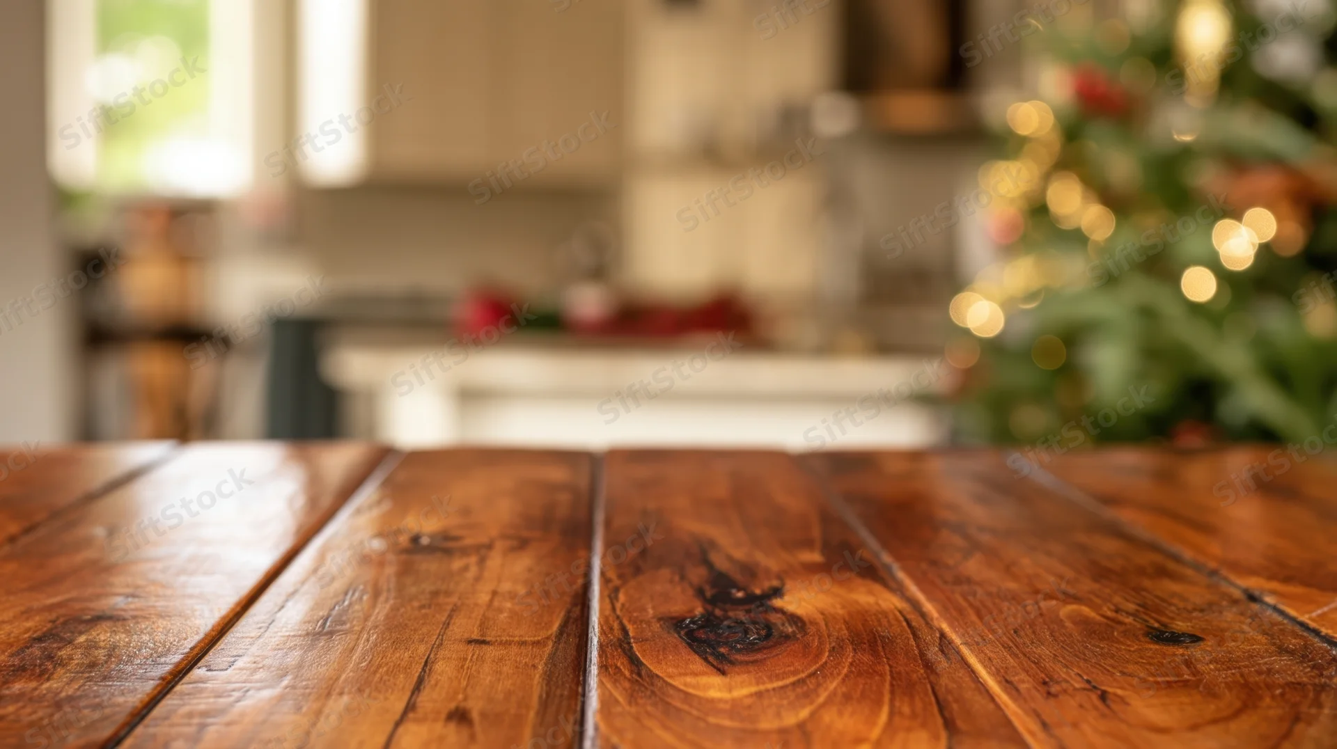 Wooden table in foreground with blurred kitchen and christmas tree in background