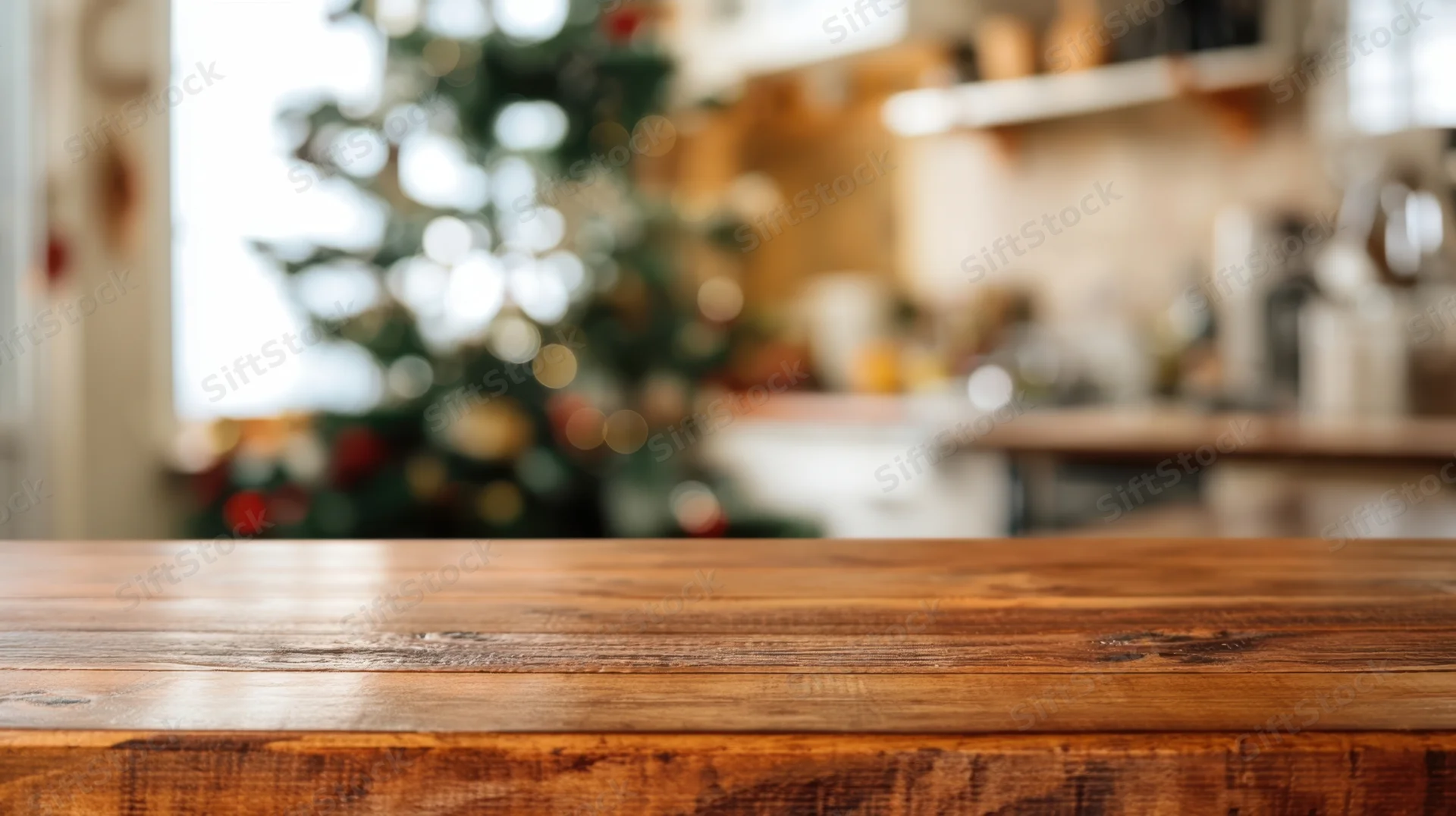 Wooden table in foreground with blurred christmas tree and kitchen decor in background