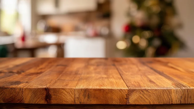 Wooden table surface in a kitchen with blurred christmas tree in background