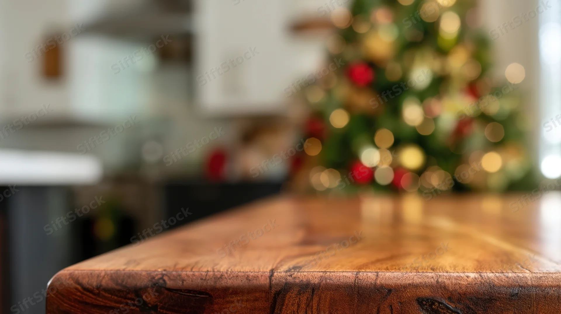 Wooden table in foreground with blurred christmas tree in kitchen background