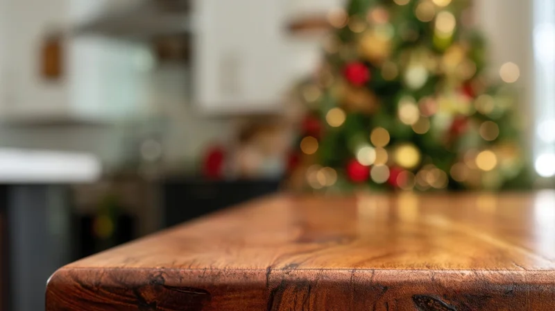 Wooden table in foreground with blurred christmas tree in kitchen background
