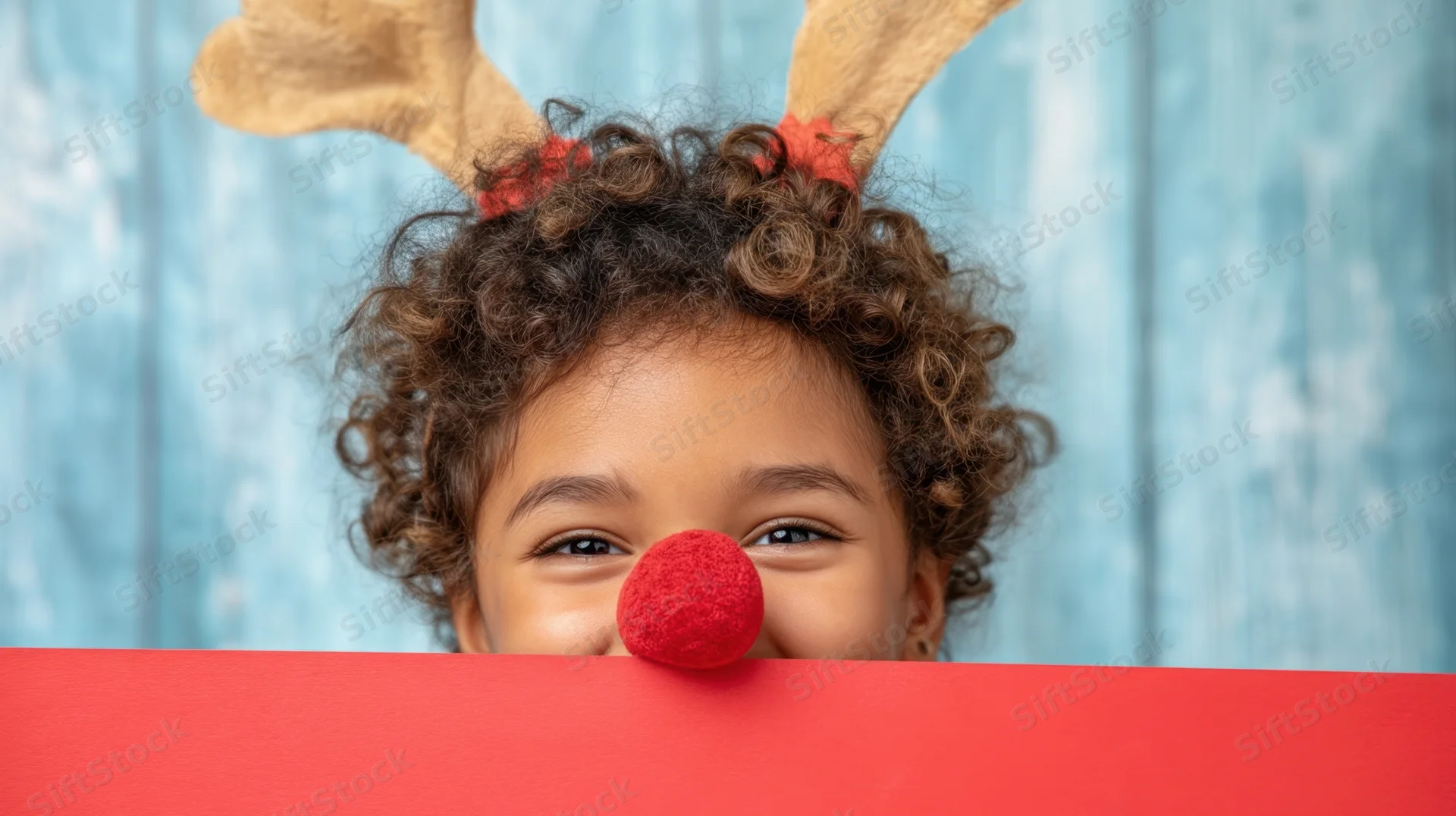 Young child peeking from behind red poster board wearing reindeer antlers and red nose