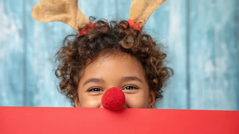 Young child peeking from behind red poster board wearing reindeer antlers and red nose