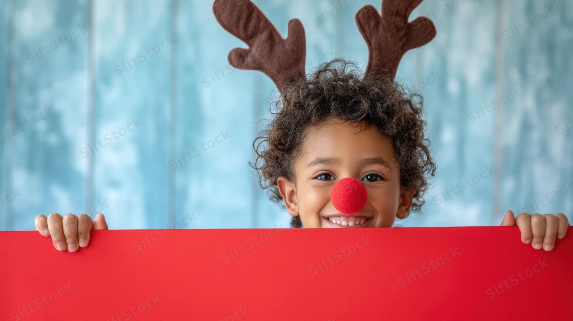 Young child peeking from behind red poster board wearing reindeer antlers and red nose