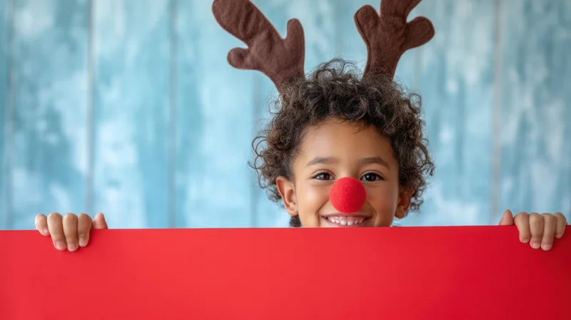 Young child peeking from behind red poster board wearing reindeer antlers and red nose
