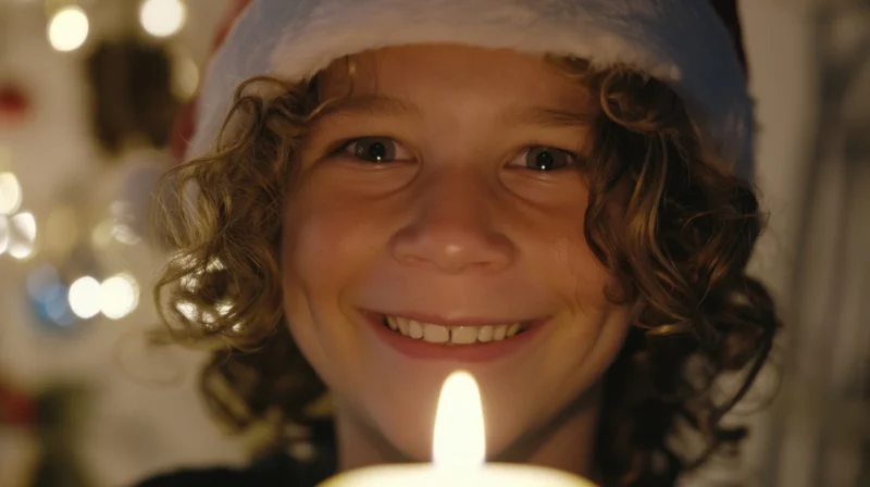 Young child smiling with lit candle in front of face wearing santa hat indoors