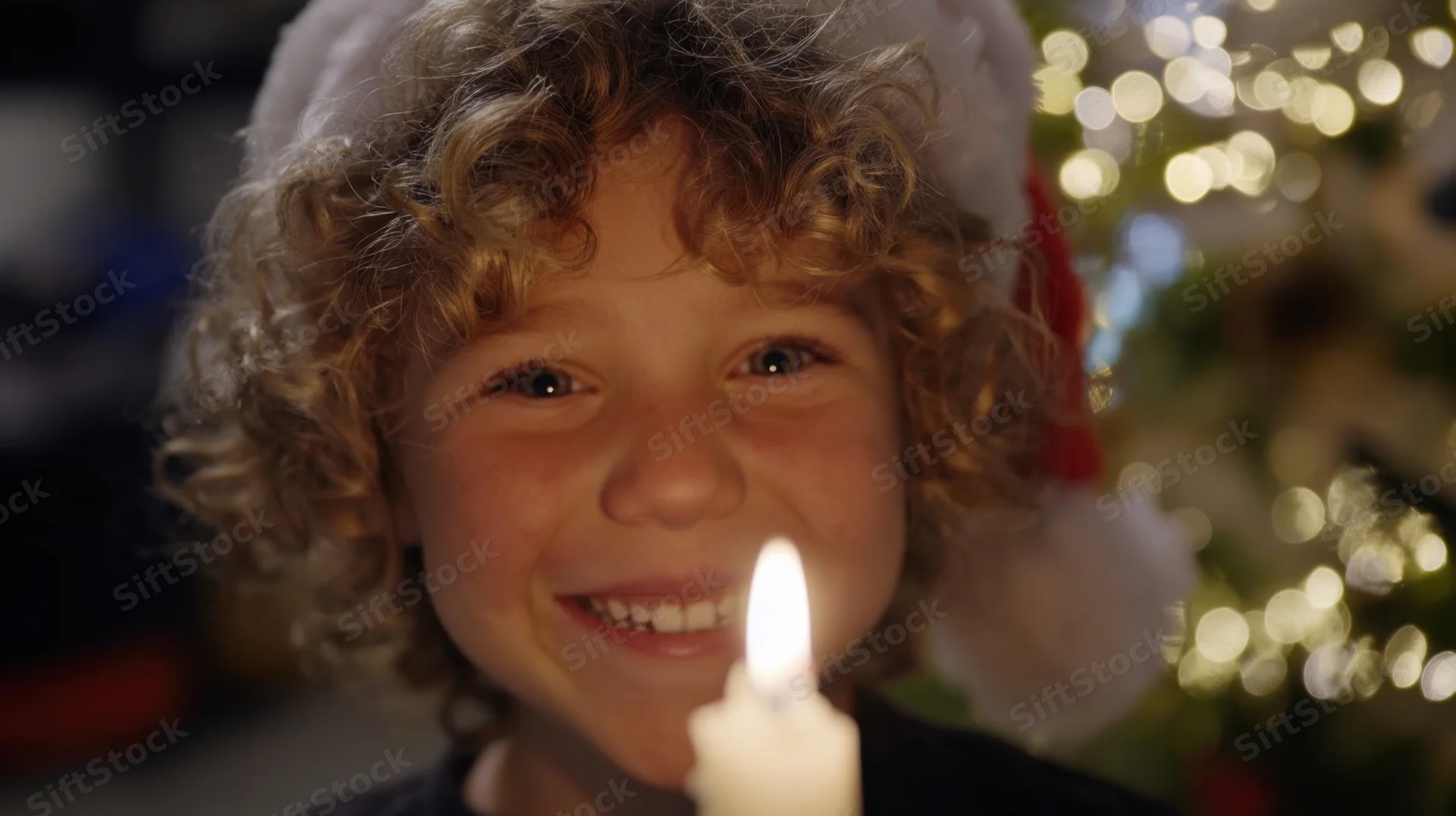 Young child with curly hair wearing a santa hat smiling while holding a lit candle in front of a decorated christmas tree at home