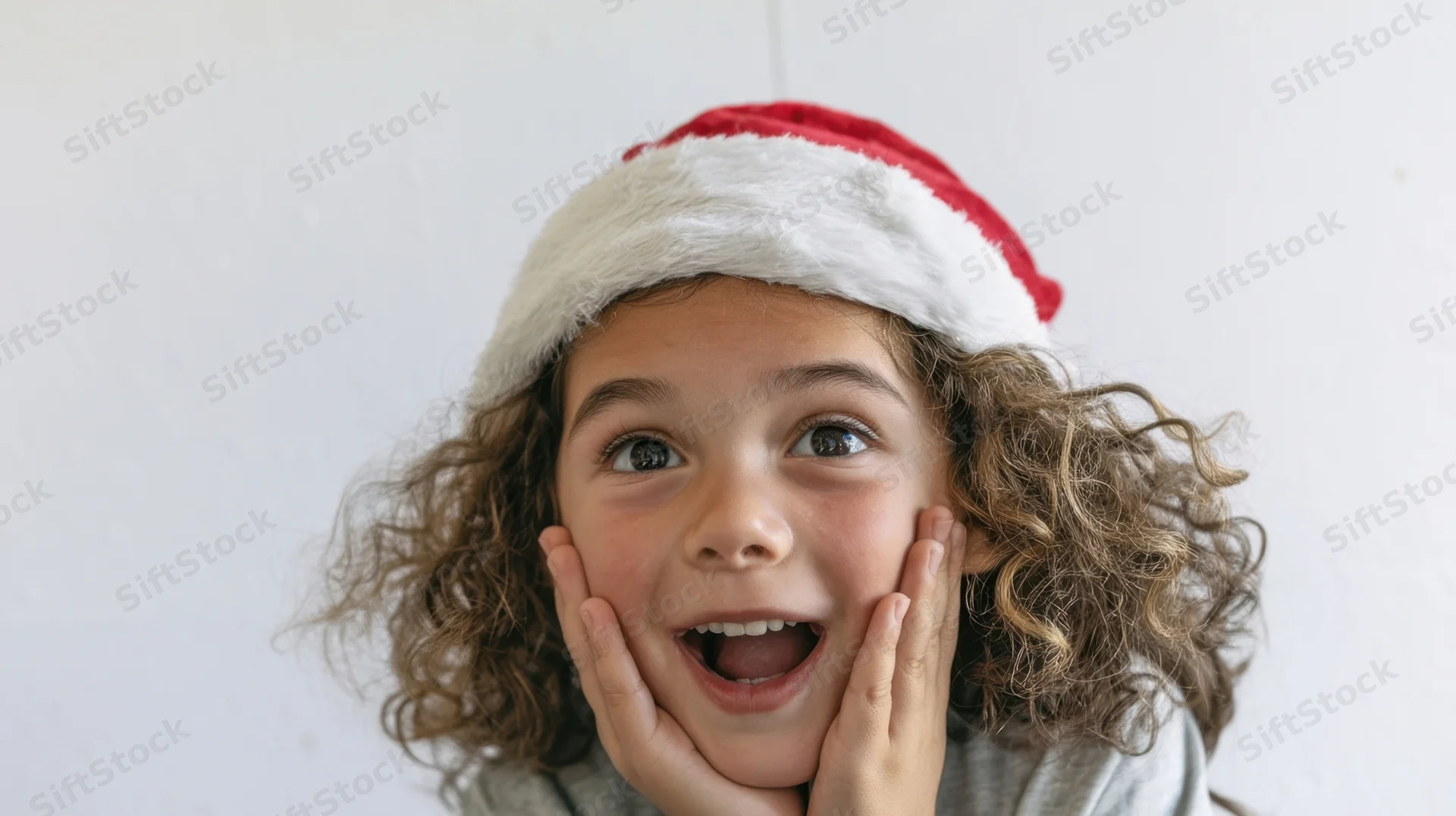 Young girl with curly hair wearing a red and white santa hat, hands on cheeks, smiling joyfully indoors