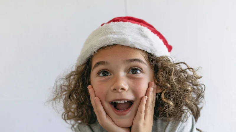 Young girl with curly hair wearing a red and white santa hat, hands on cheeks, smiling joyfully indoors