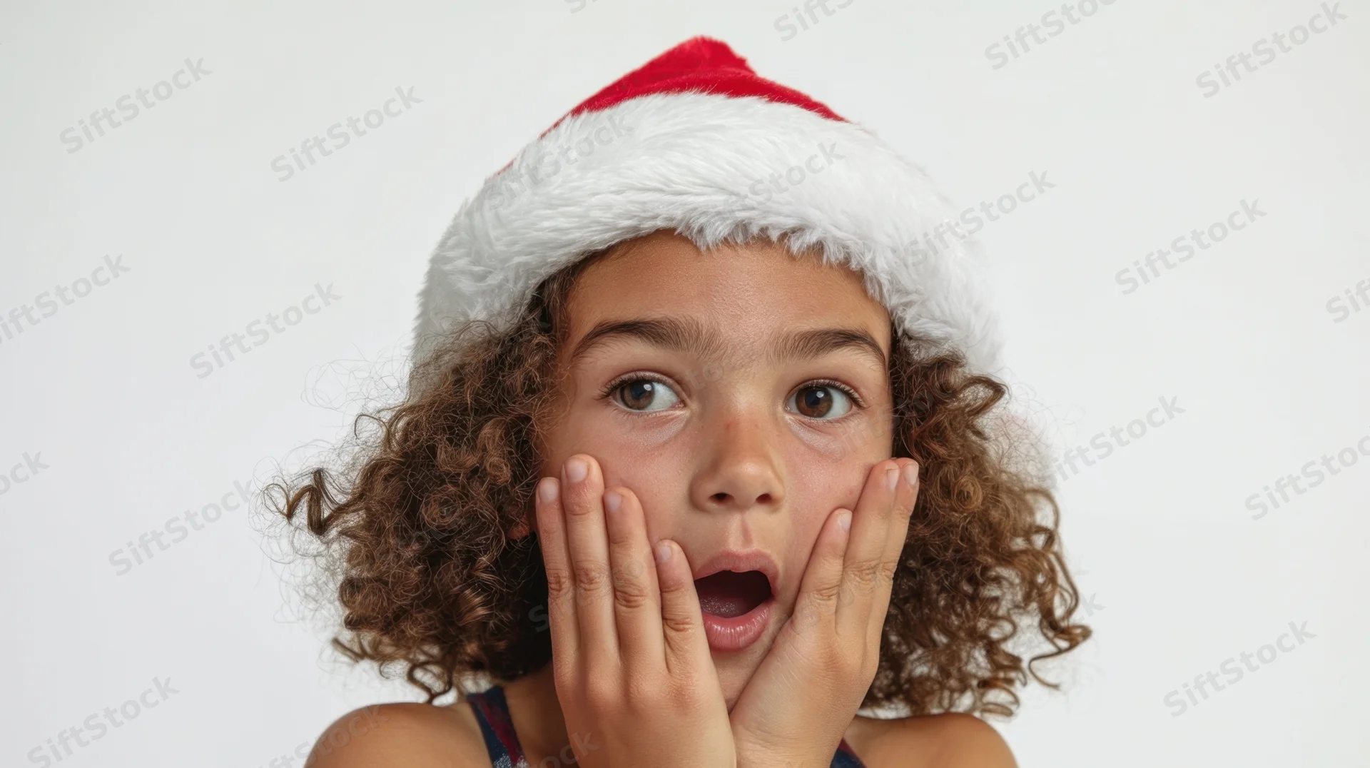 Young girl wearing santa hat with hands on cheeks in surprise against white background