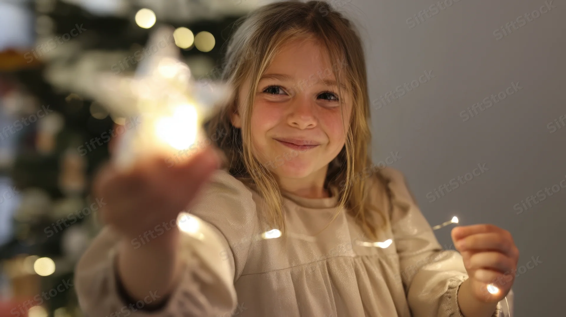 Young girl holding glowing star ornament in front of christmas tree indoors
