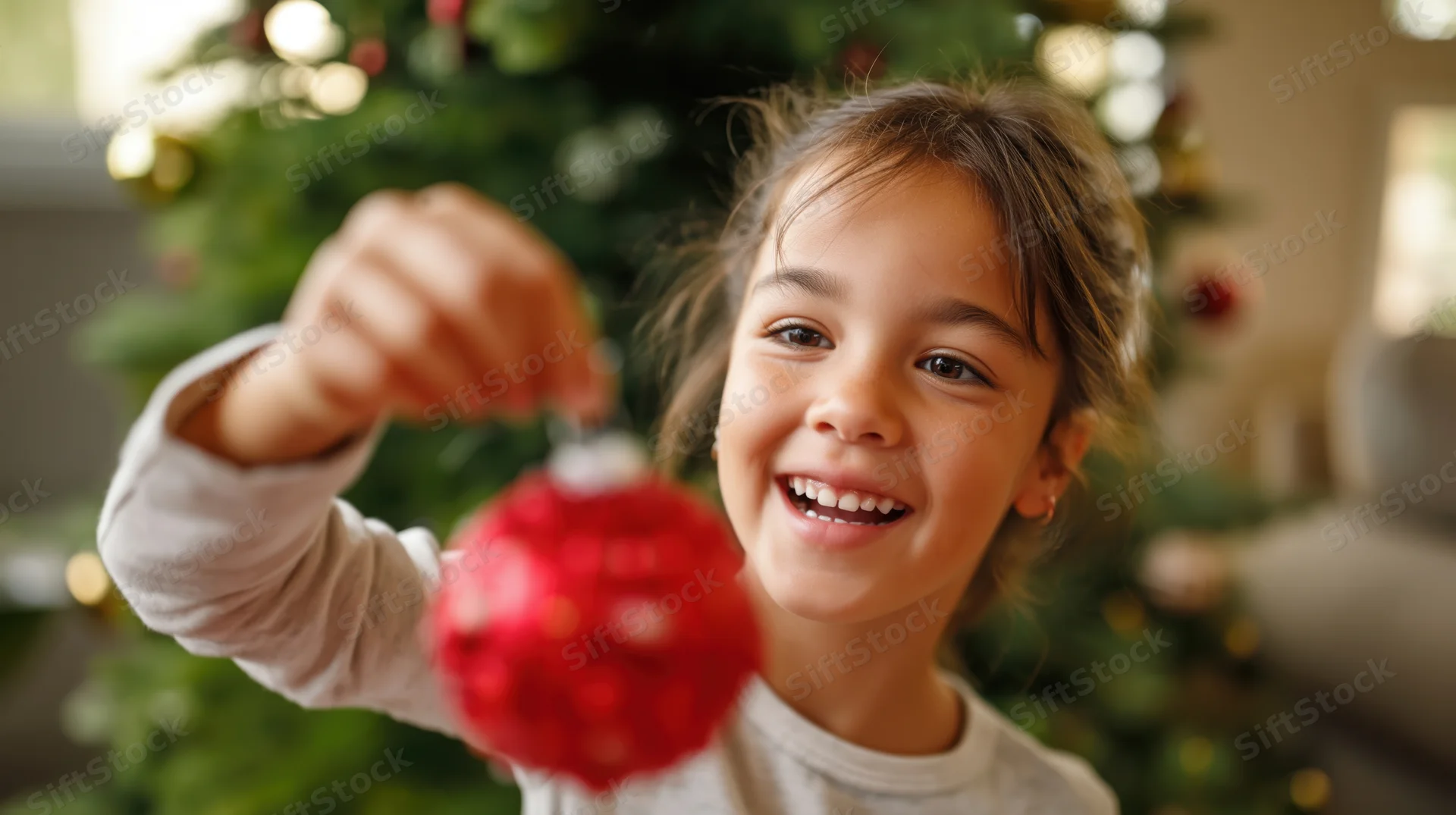 Young girl smiling while holding a red christmas ornament in front of a decorated tree indoors
