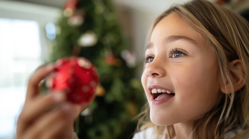 Young girl smiling while holding a red christmas ornament in front of a decorated tree indoors