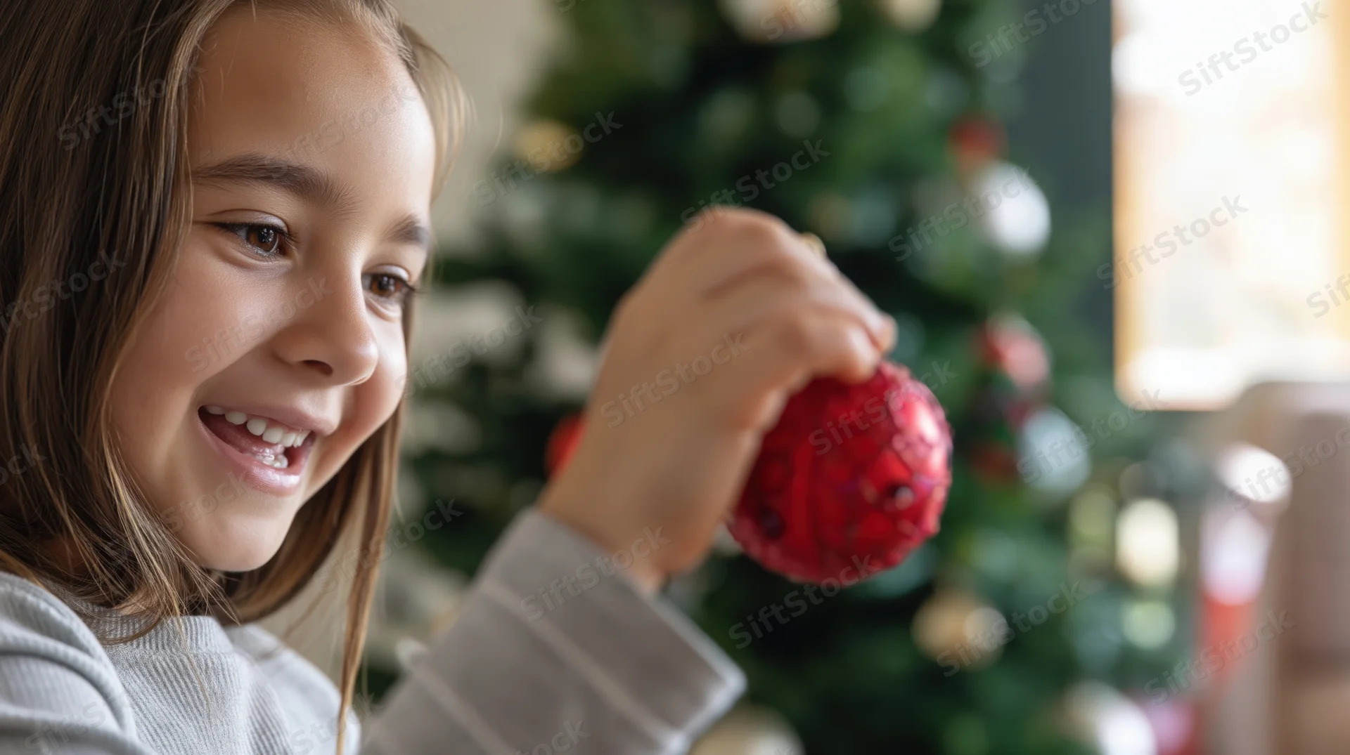 Young girl smiling while holding a red christmas ornament in front of a decorated tree indoors
