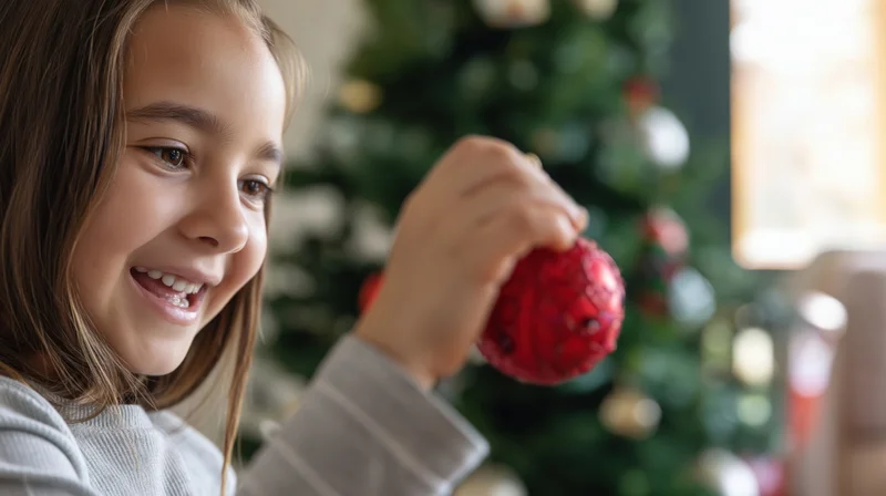 Young girl smiling while holding a red christmas ornament in front of a decorated tree indoors