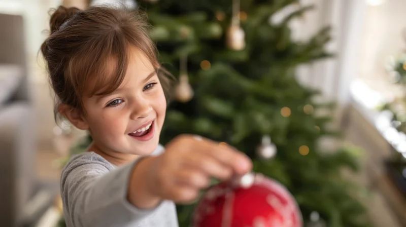 Young girl smiling while holding a red christmas ornament in front of a decorated tree indoors