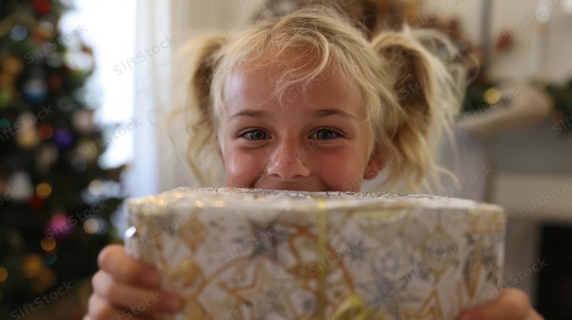 Young girl with blonde pigtails holding a wrapped gift in front of a christmas tree indoors
