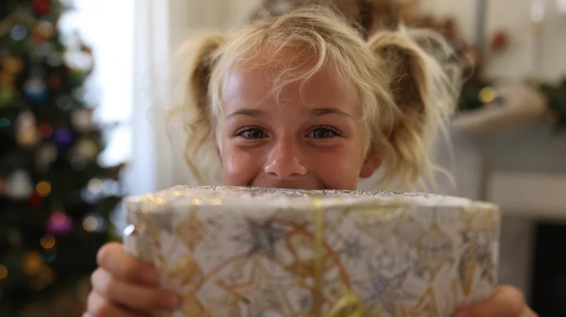 Young girl with blonde pigtails holding a wrapped gift in front of a christmas tree indoors