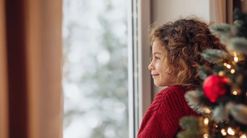 Young girl in red knit sweater smiling by window beside christmas tree