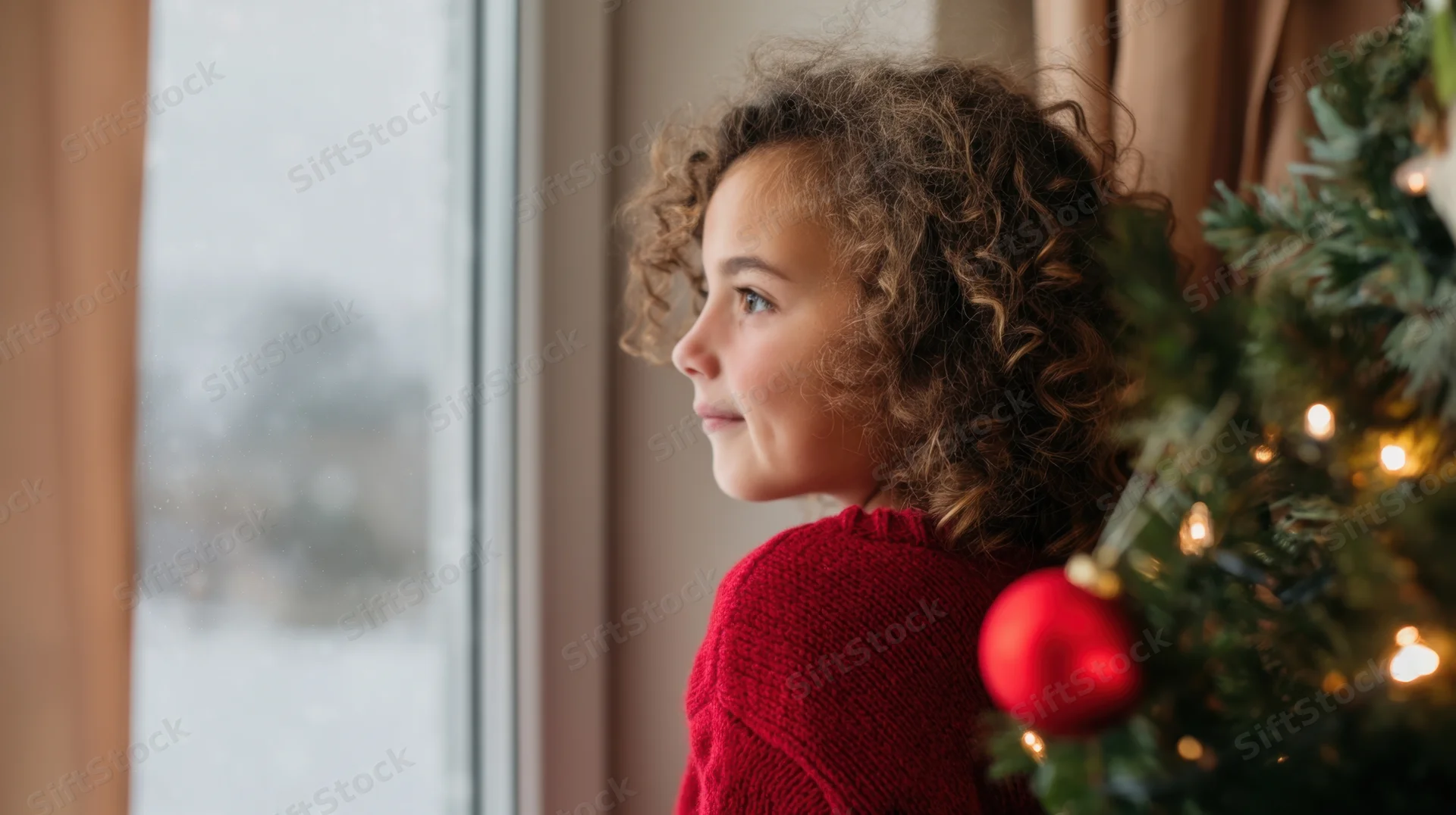 Young girl in red sweater looking out window beside christmas tree